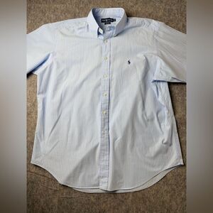 Ralph Lauren Yarmouth Mens 17-35 Blue Stripe Button Down Shirt 100% Cotton #0391